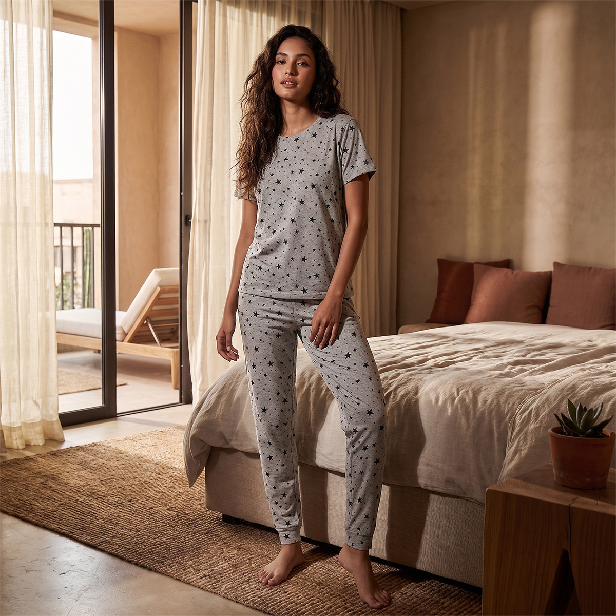 طقم بيجاما تيشيرت وبنطلون بطبعات نجوم من سبلاش فاف-women-clothing-nightwear-pyjamas-longsets-image-2