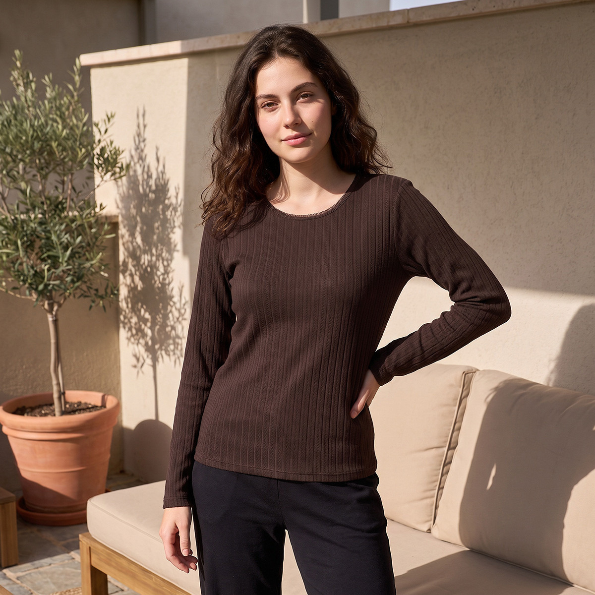 بلوزة حرارية بوانتيل مضلعة من فاف من سبلاش-women-clothing-lingerie-thermals-image-2