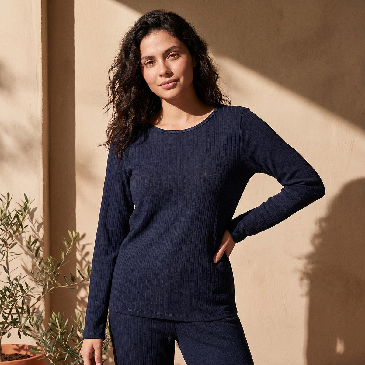 بلوزة حرارية بوانتيل مضلعة من فاف من سبلاش-women-clothing-lingerie-thermals-image-2