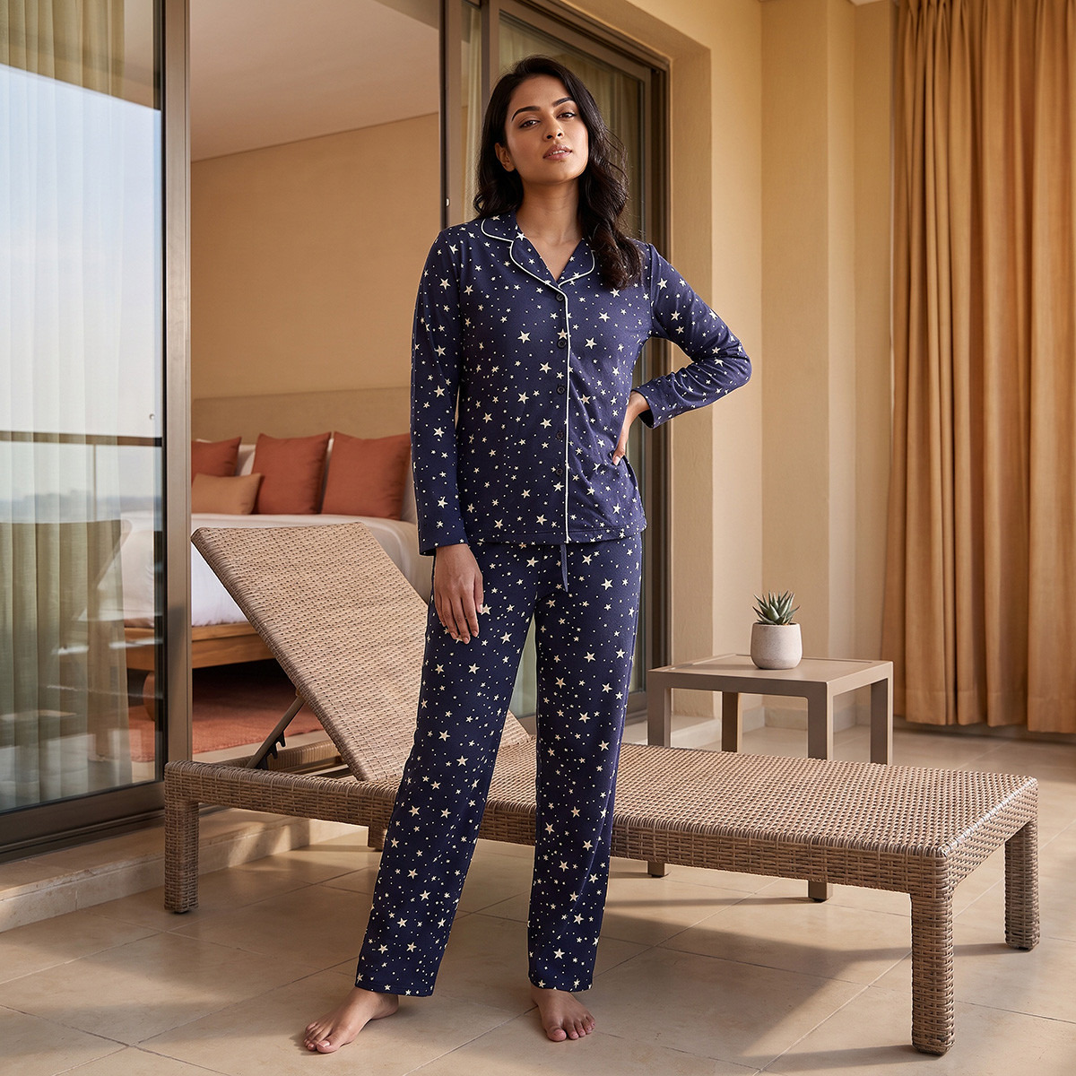 طقم بيجاما قميص وبنطلون قطن بطبعات من سبلاش فيف-women-clothing-nightwear-pyjamas-longsets-image-2