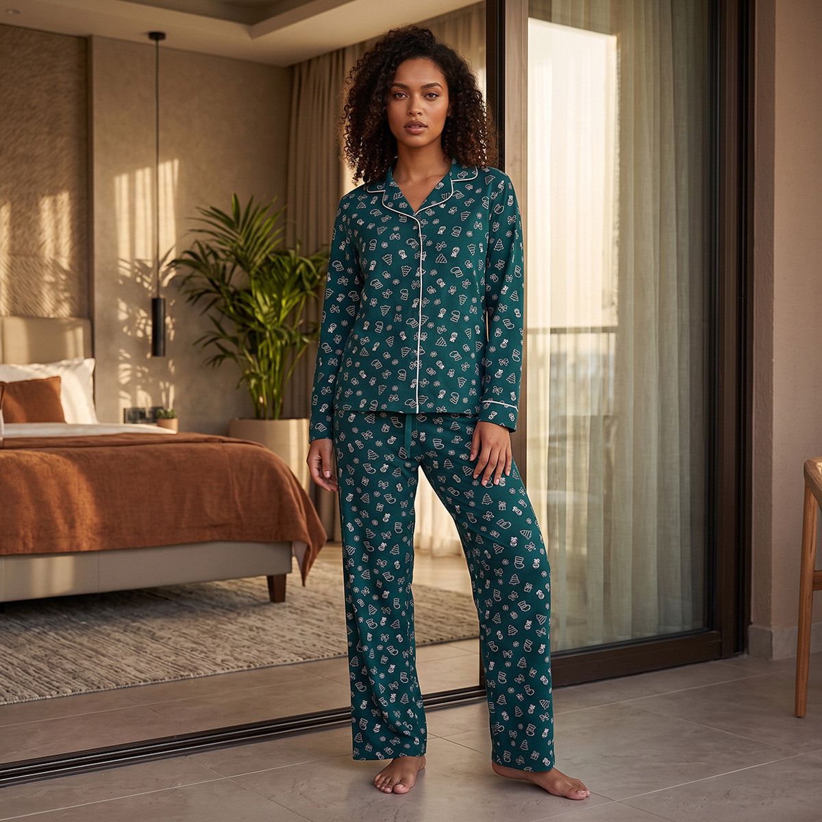Splash Fav Cotton Printed Button-Down Shirt and Pyjama Set-women-clothing-nightwear-pyjamas-longsets-image-2