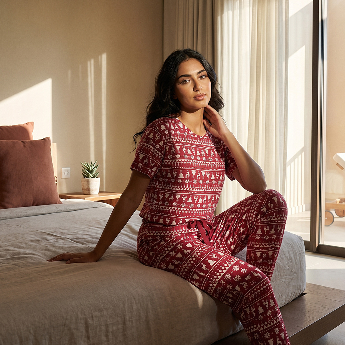 Splash Fav Winter Print T-shirt and Pyjama Set-women-clothing-nightwear-pyjamas-longsets-image-1