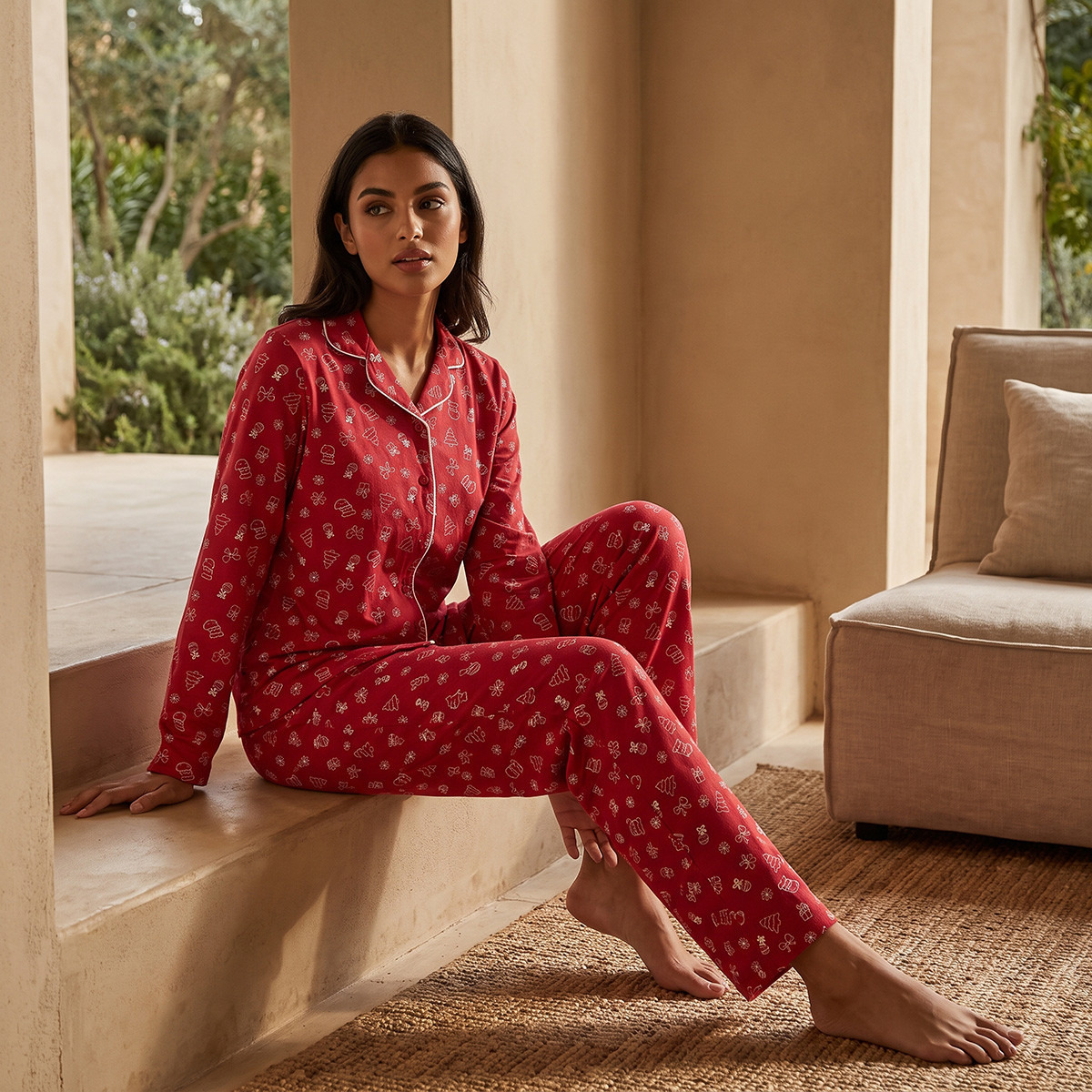 طقم بنطلون بيجاما وقميص بطبعات شتوية من سبلاش فاف-women-clothing-nightwear-pyjamas-longsets-image-1