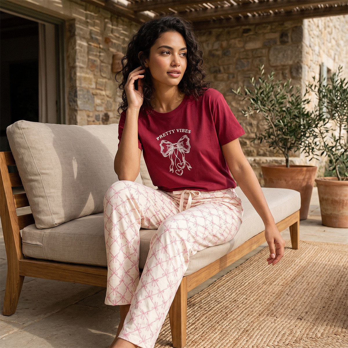 طقم بنطلون بيجاما وتيشيرت بياقة ضيقة وطبعات من سبلاش فاف-women-clothing-nightwear-pyjamas-longsets-image-1