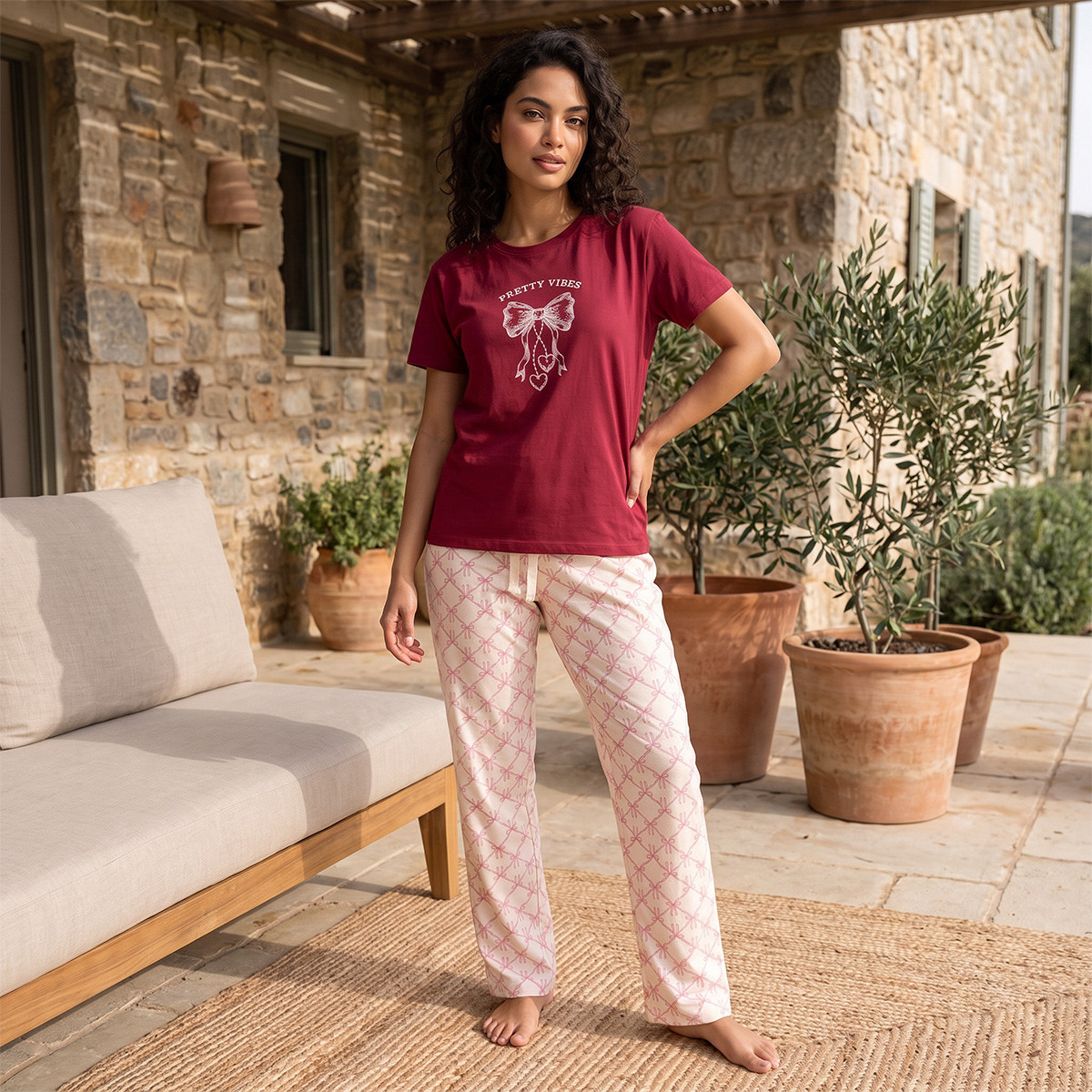 طقم بنطلون بيجاما وتيشيرت بياقة ضيقة وطبعات من سبلاش فاف-women-clothing-nightwear-pyjamas-longsets-image-2