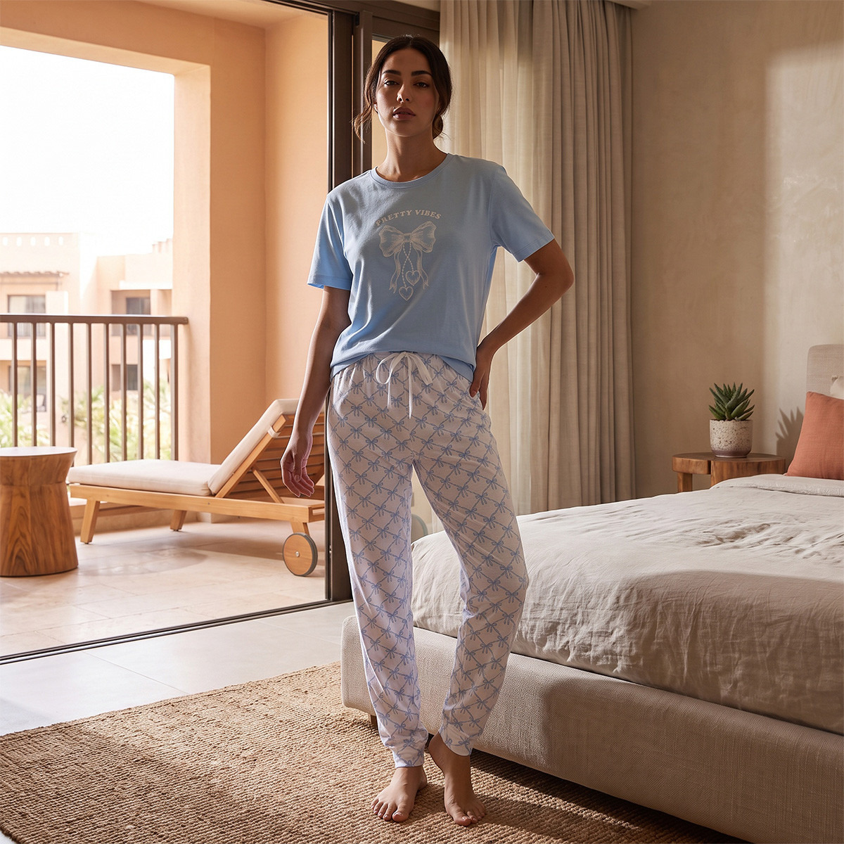 طقم بنطلون بيجاما وتيشيرت برقبة ضيقة وطبعات من سبلاش فاف-women-clothing-nightwear-pyjamas-longsets-image-2