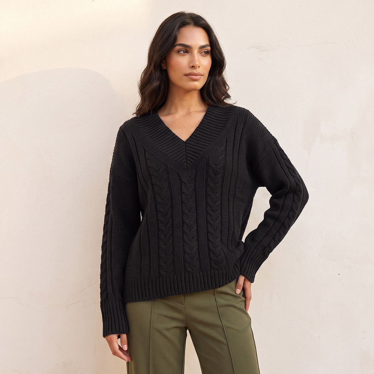 Splash Fav V-neck Cable Knit Sweater-women-winterwear-cardigansandjumpers-jumpers-image-1