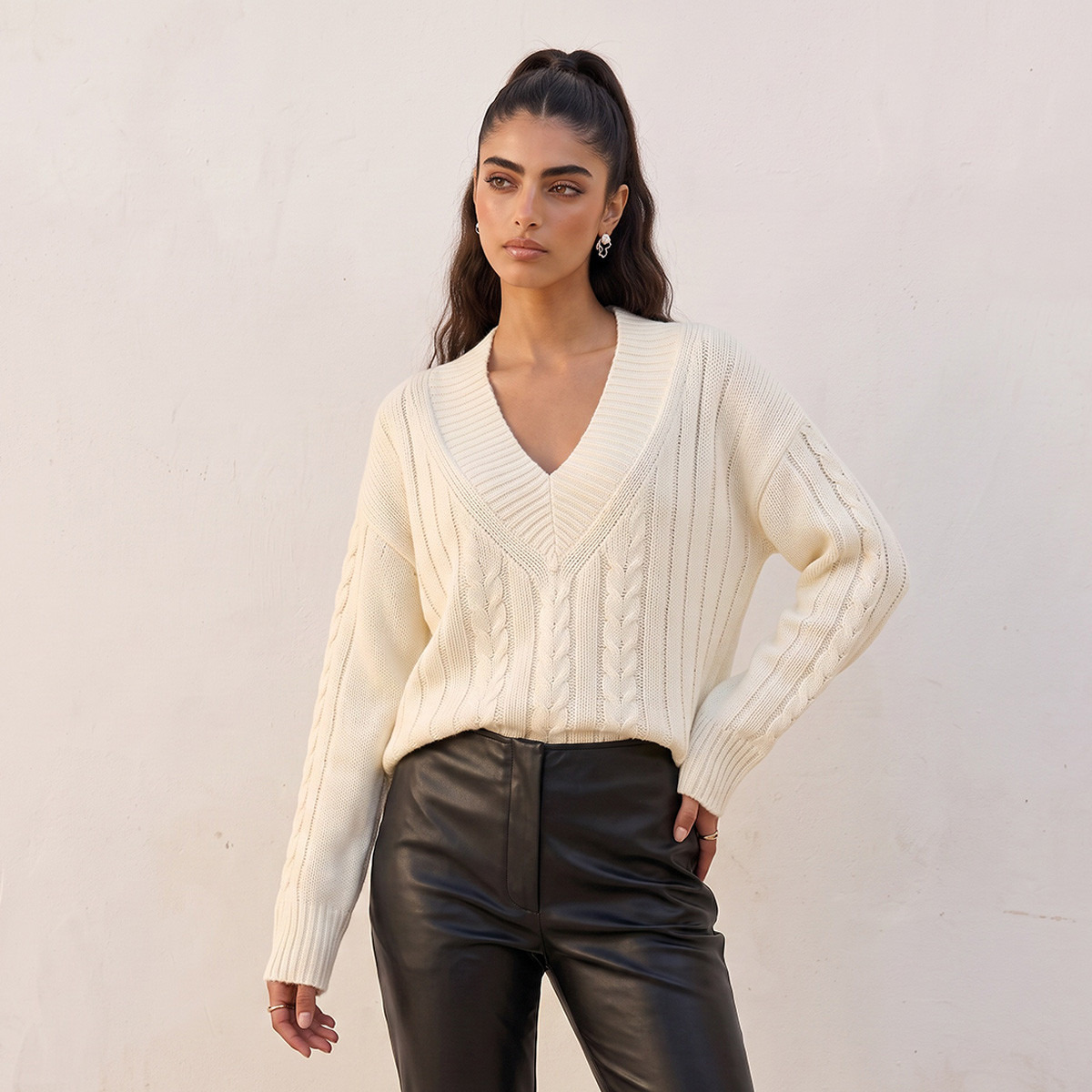 Splash Fav V-neck Cable Knit Sweater-women-winterwear-cardigansandjumpers-jumpers-image-1