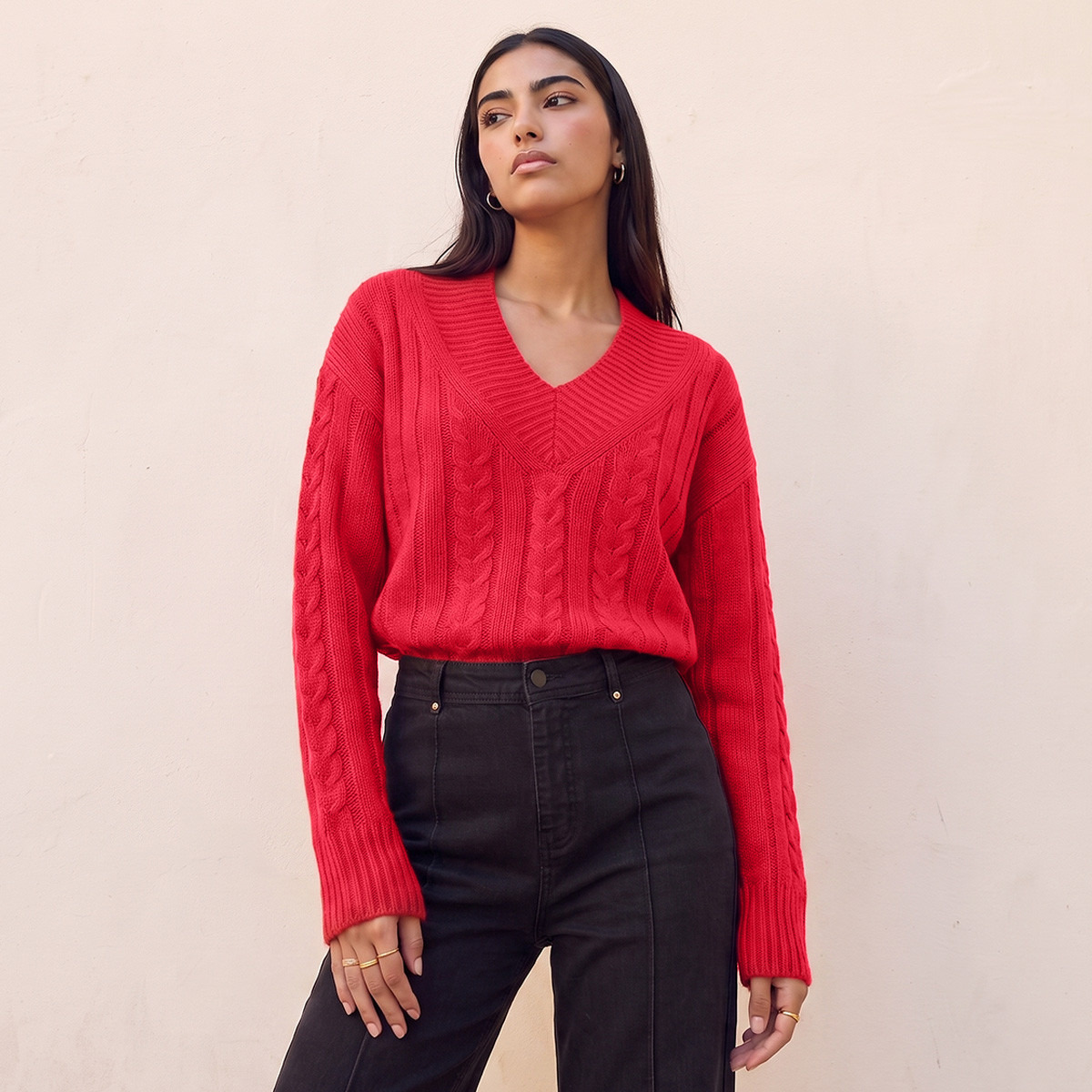 Splash Fav V-neck Cable Knit Sweater-women-winterwear-cardigansandjumpers-jumpers-image-1
