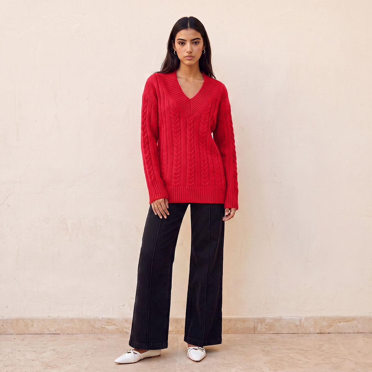 Splash Fav V-neck Cable Knit Sweater-women-winterwear-cardigansandjumpers-jumpers-image-2
