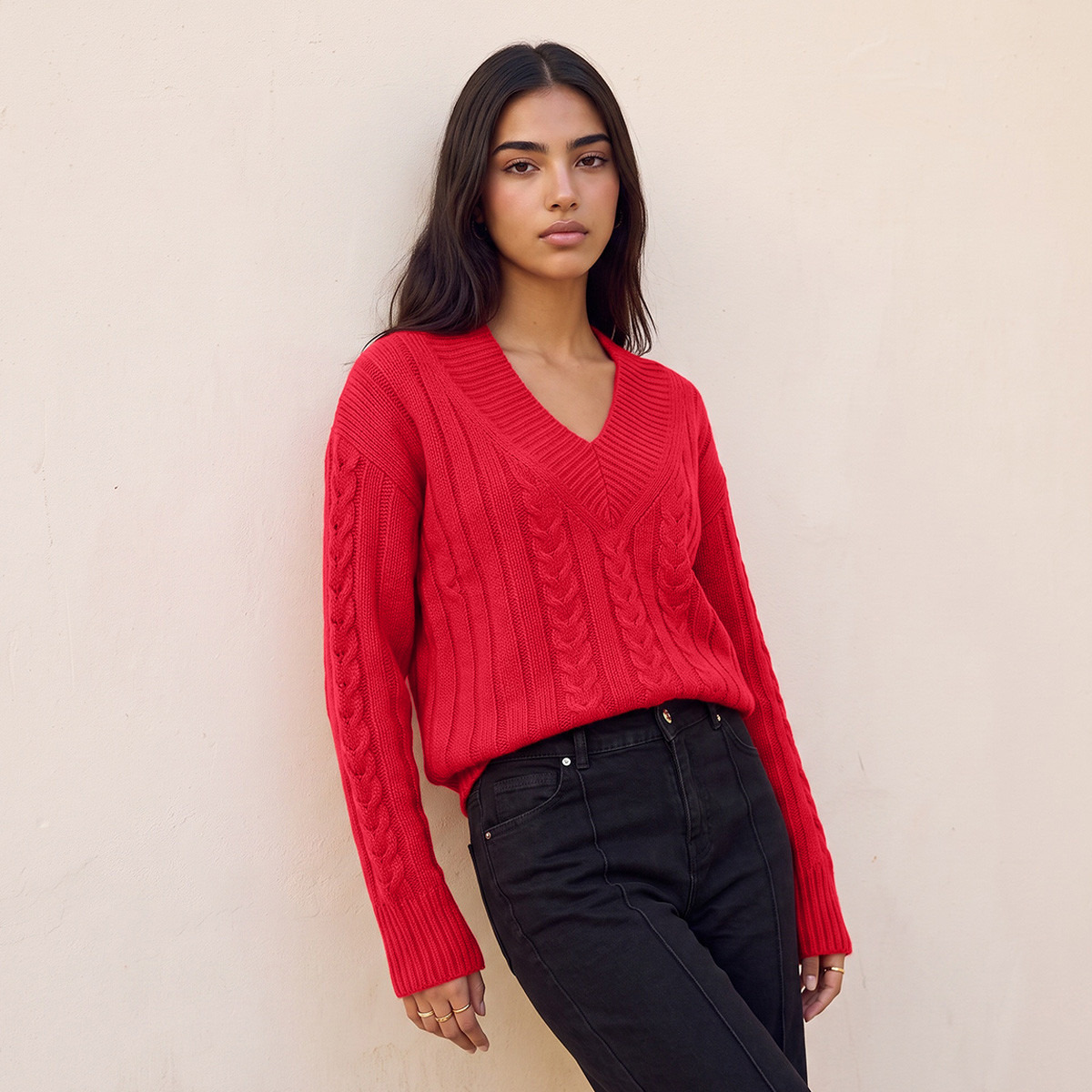 Splash Fav V-neck Cable Knit Sweater-women-winterwear-cardigansandjumpers-jumpers-image-4