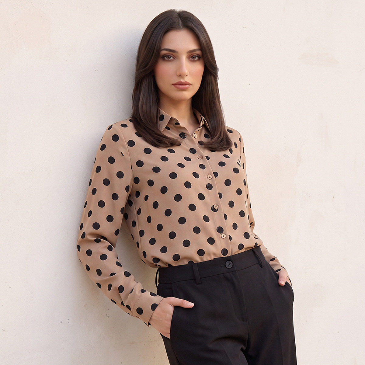 Splash Fav Polka Dot Print Shirt with High Low Hem-women-clothing-shirtsandblouses-shirts-image-1