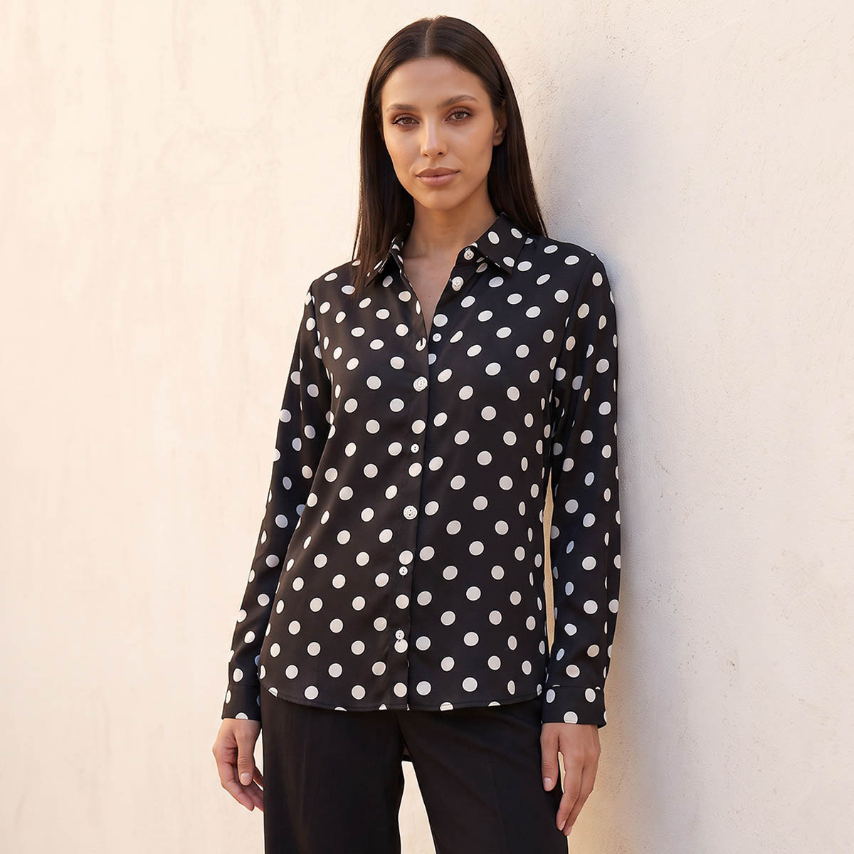Splash Fav Polka Dot Print Shirt with High Low Hem-women-clothing-shirtsandblouses-shirts-image-1