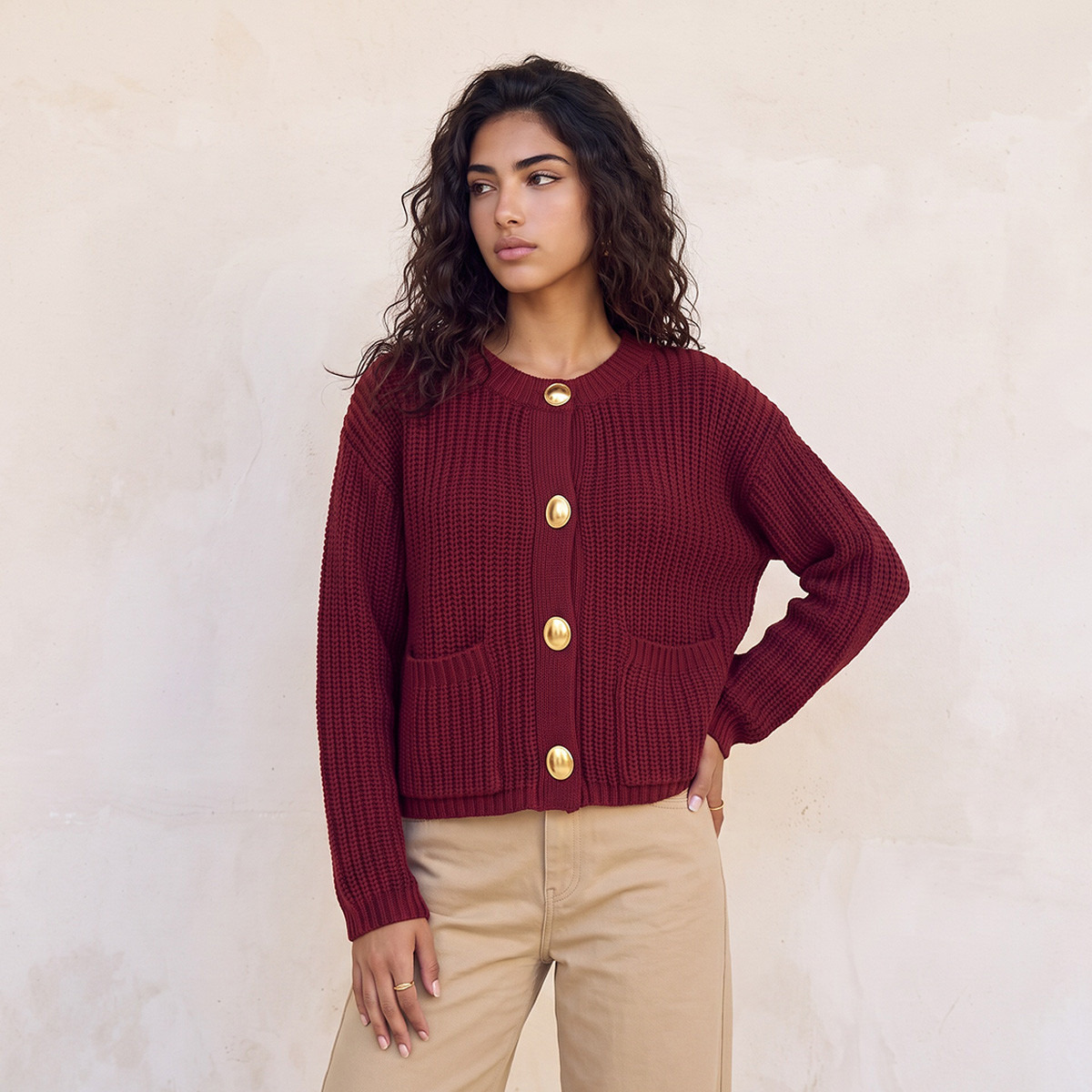 كارديجان بارز الملمس برقبة ضيقة من سبلاش فاف-women-winterwear-cardigansandjumpers-cardigans-image-1