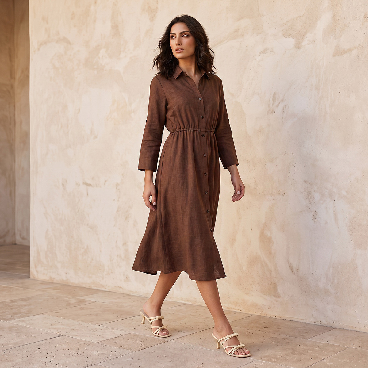 Splash Fav Linen Midi Shirt Dress with Roll-Up Sleeves-women-clothing-dresses-image-1