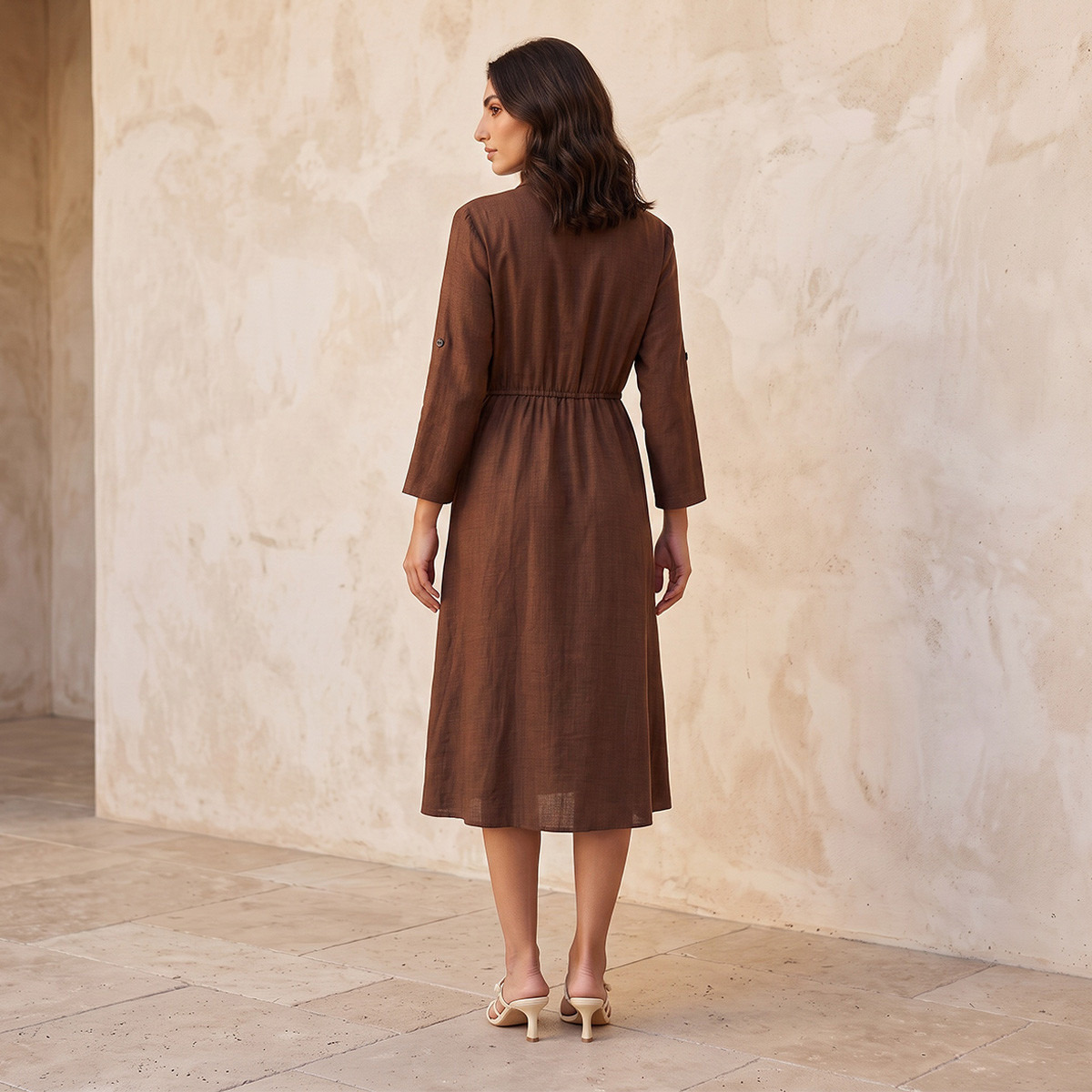 Splash Fav Linen Midi Shirt Dress with Roll-Up Sleeves-women-clothing-dresses-image-2