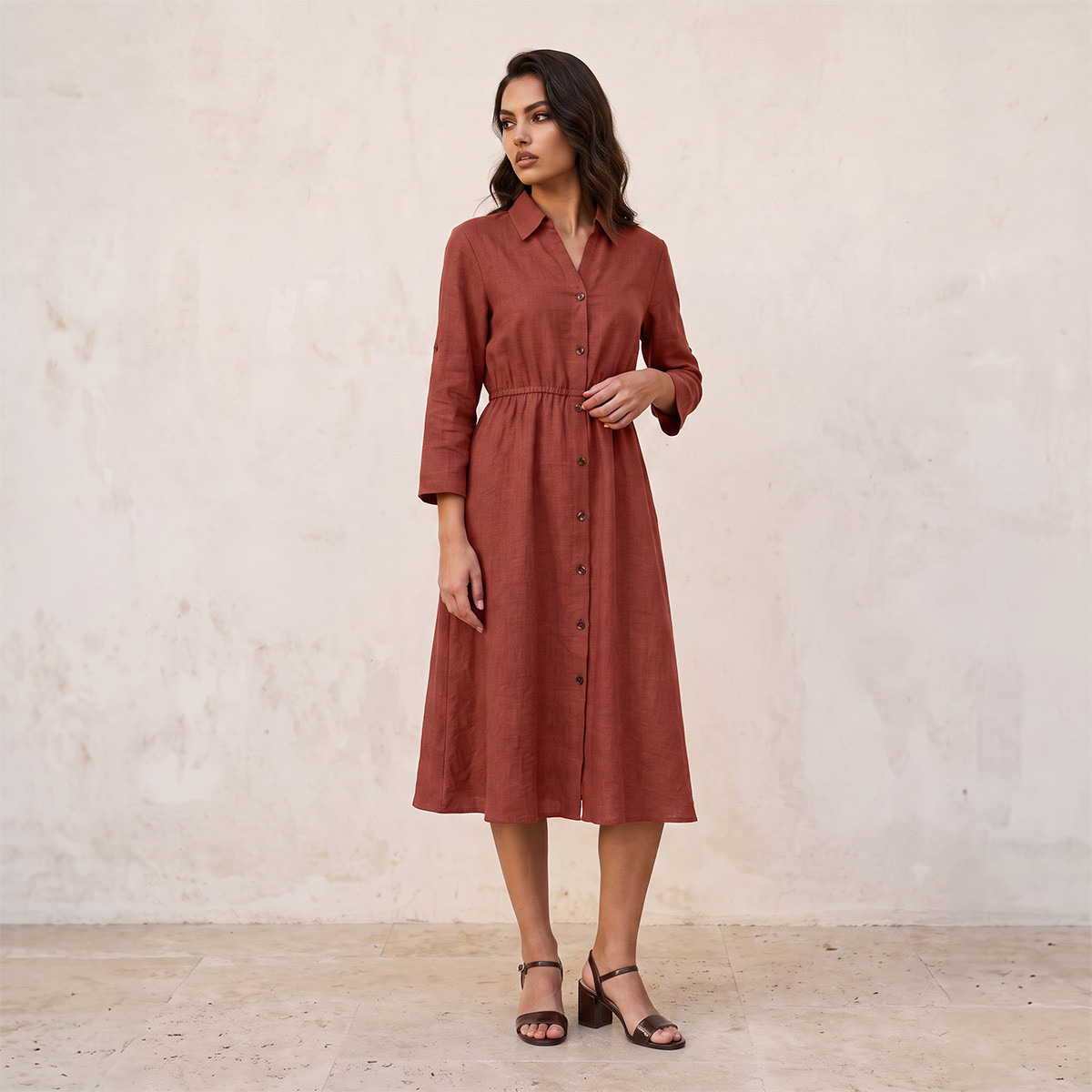 Splash Fav Linen Midi Shirt Dress with Roll-Up Sleeves-women-clothing-dresses-image-1