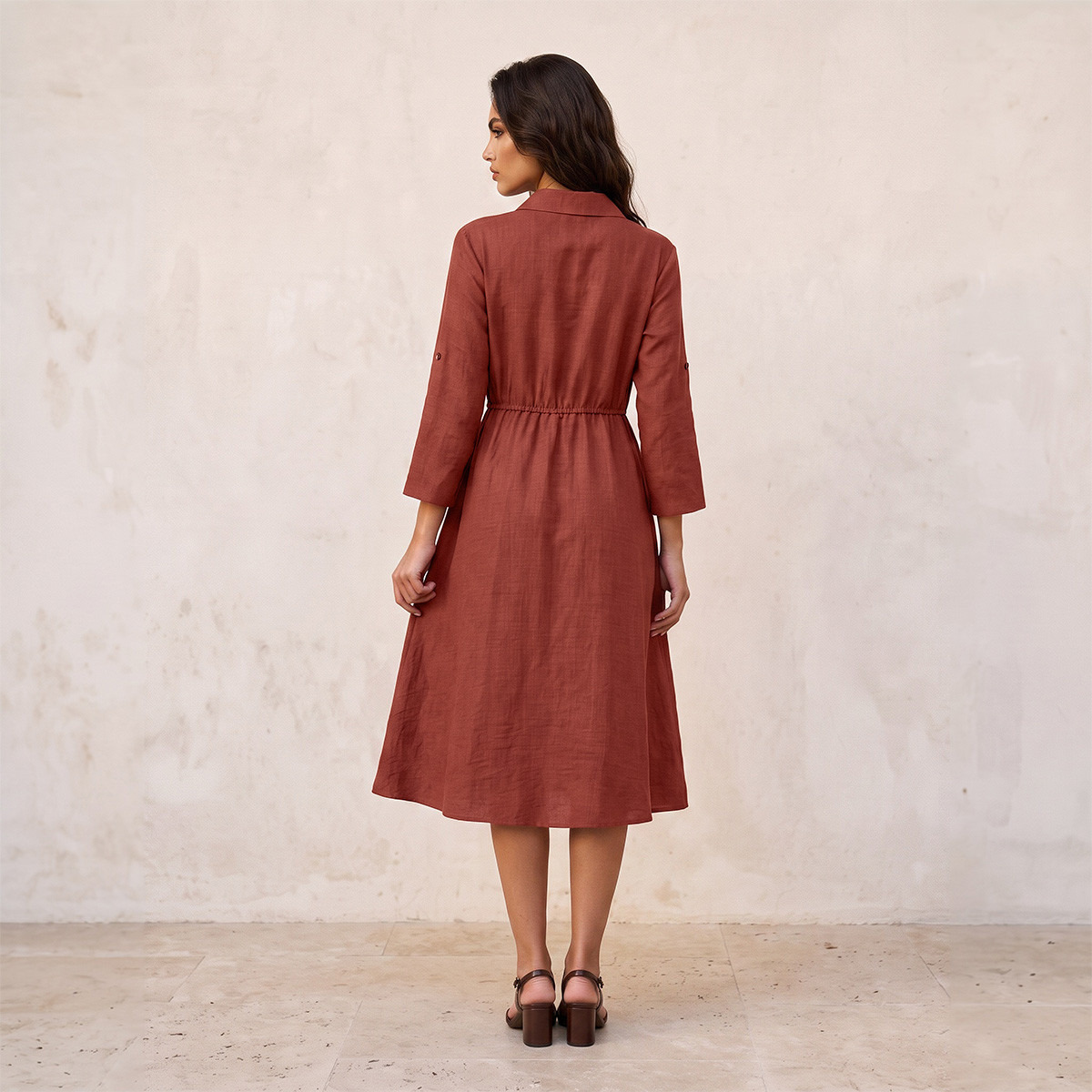Splash Fav Linen Midi Shirt Dress with Roll-Up Sleeves-women-clothing-dresses-image-2