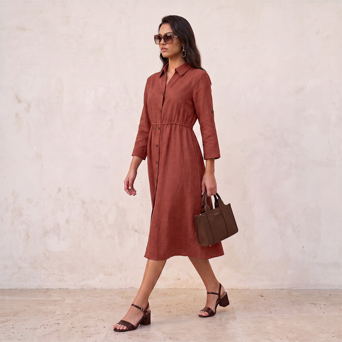 Splash Fav Linen Midi Shirt Dress with Roll-Up Sleeves-women-clothing-dresses-image-3