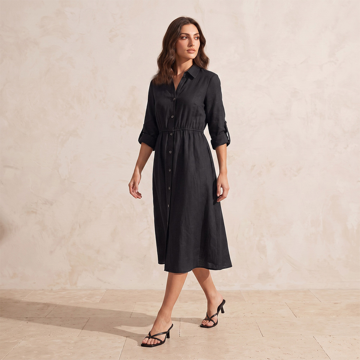 Splash Fav Linen Midi Shirt Dress with Roll-Up Sleeves-women-clothing-dresses-image-1