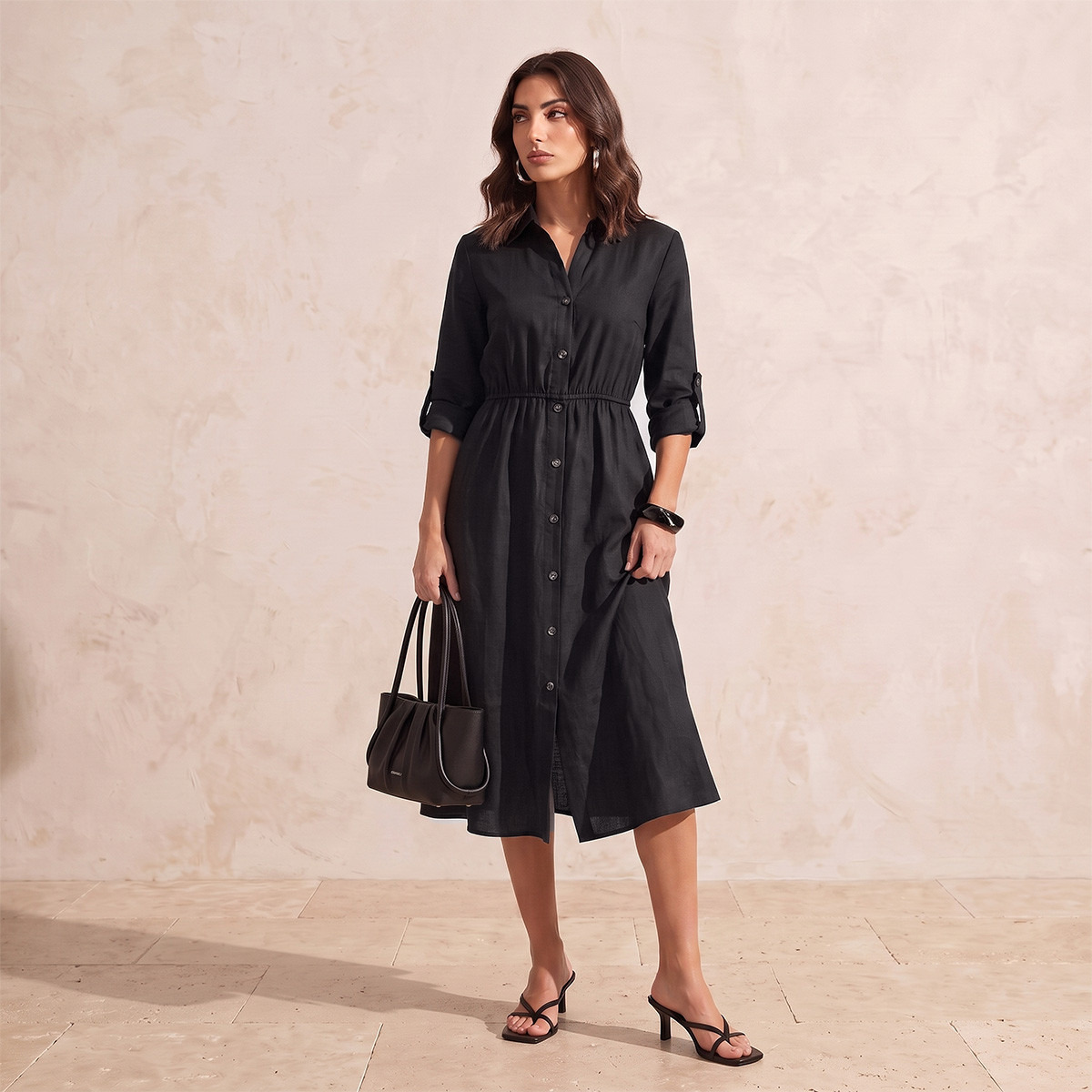Splash Fav Linen Midi Shirt Dress with Roll-Up Sleeves-women-clothing-dresses-image-3