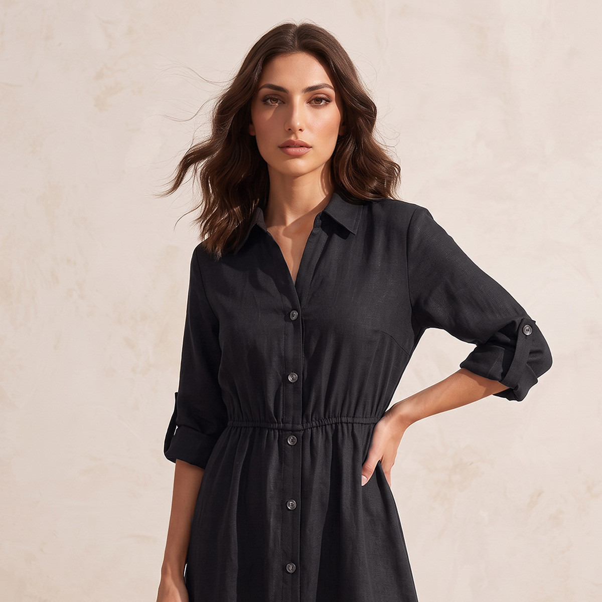 Splash Fav Linen Midi Shirt Dress with Roll-Up Sleeves-women-clothing-dresses-image-4