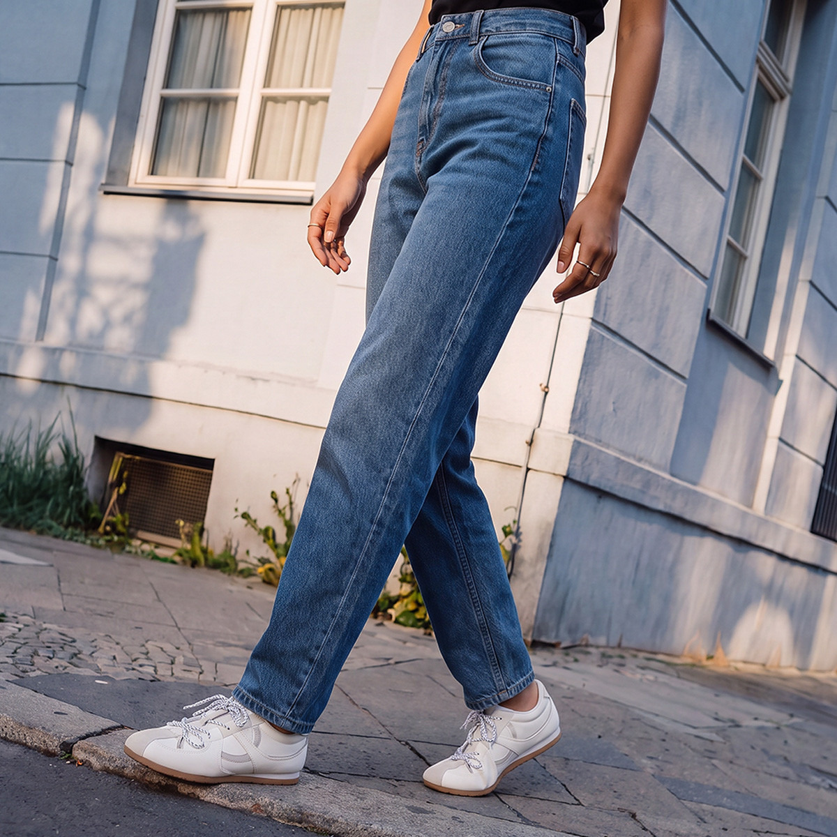 بنطلون جينز قطن بقصة موم وجيوب من سبلاش-women-clothing-bottoms-jeans-image-1
