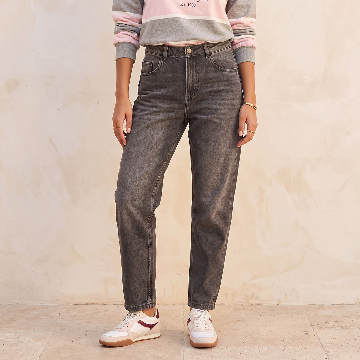 بنطلون جينز قطن بقصة موم وجيوب من سبلاش-women-clothing-bottoms-jeans-image-1