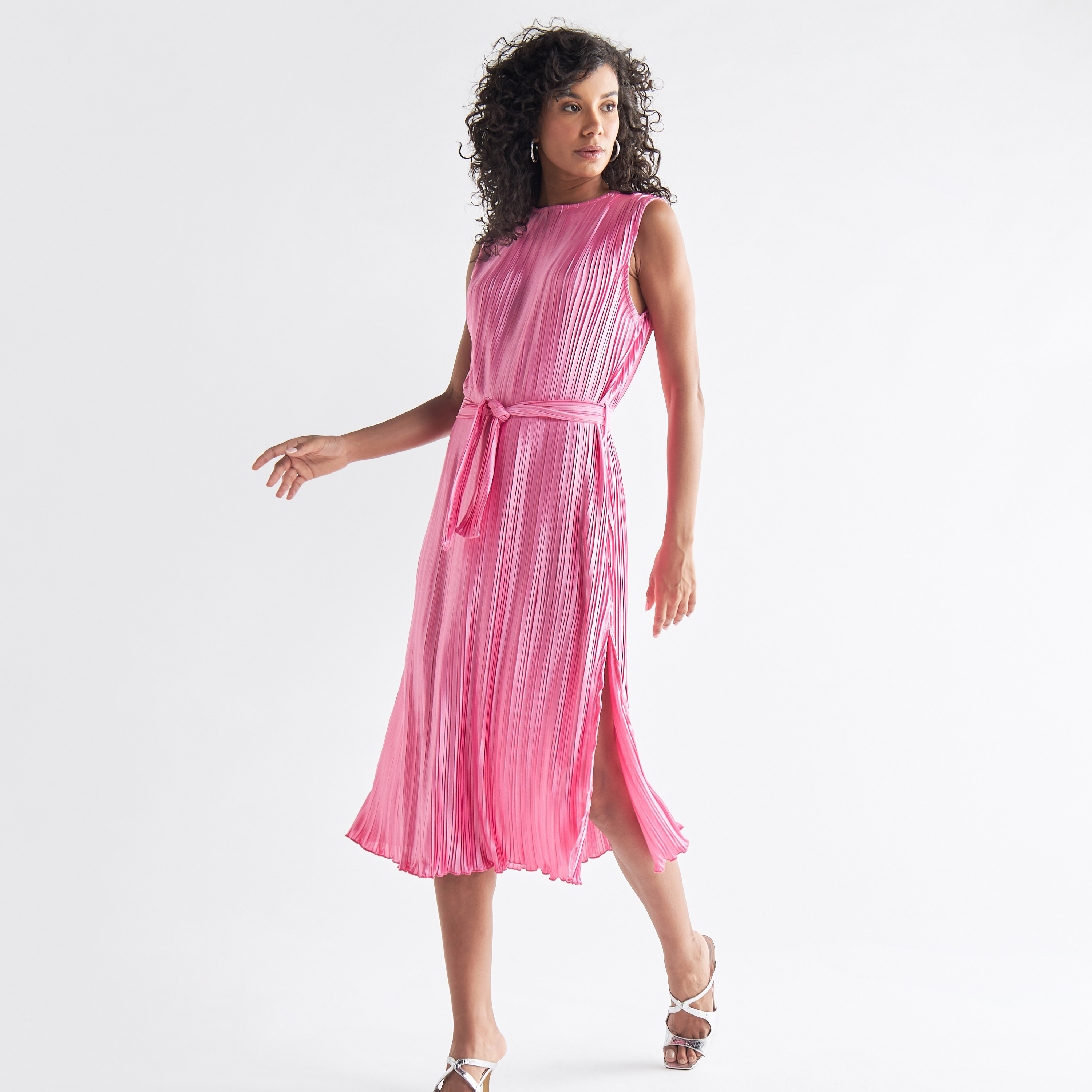 Pleated Sleeveless Dress with Tie-Up Belt and Slit Detail-women-clothing-dresses-image-1