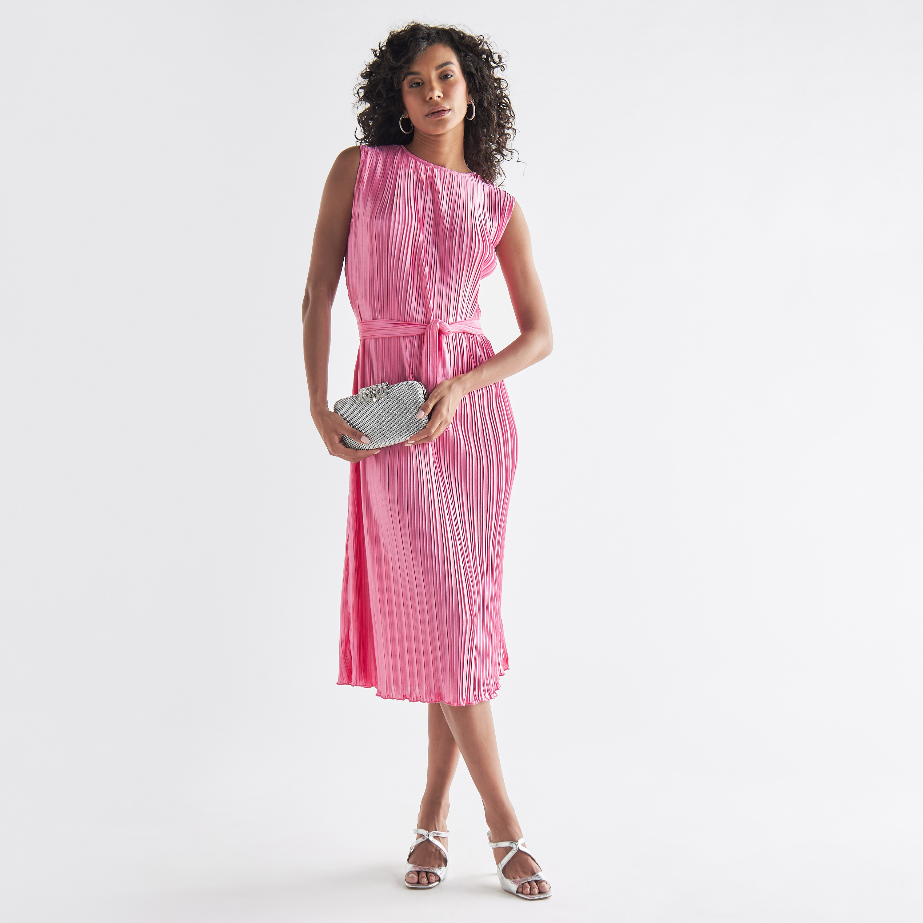 Pleated Sleeveless Dress with Tie-Up Belt and Slit Detail-women-clothing-dresses-image-2