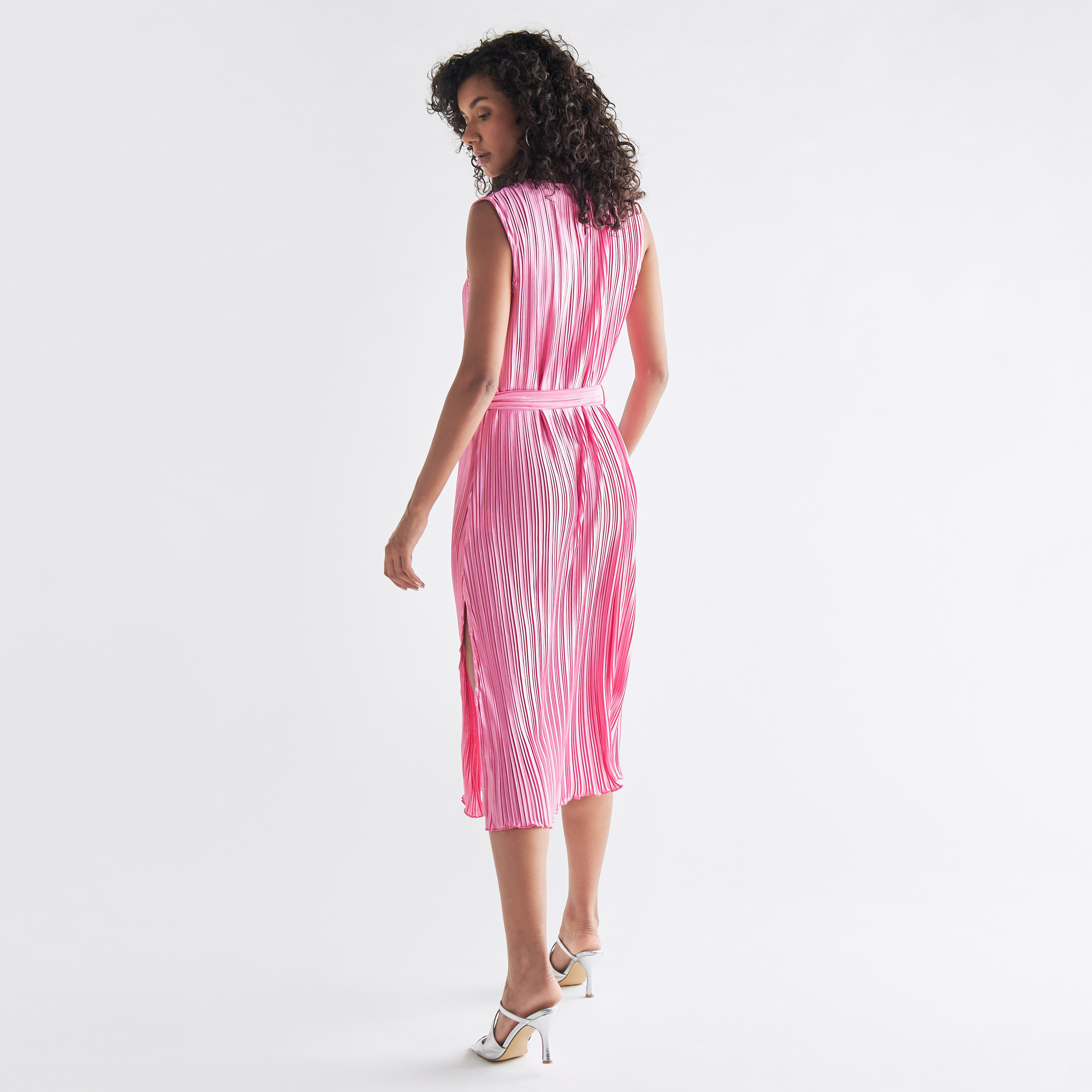 Pleated Sleeveless Dress with Tie-Up Belt and Slit Detail-women-clothing-dresses-image-3
