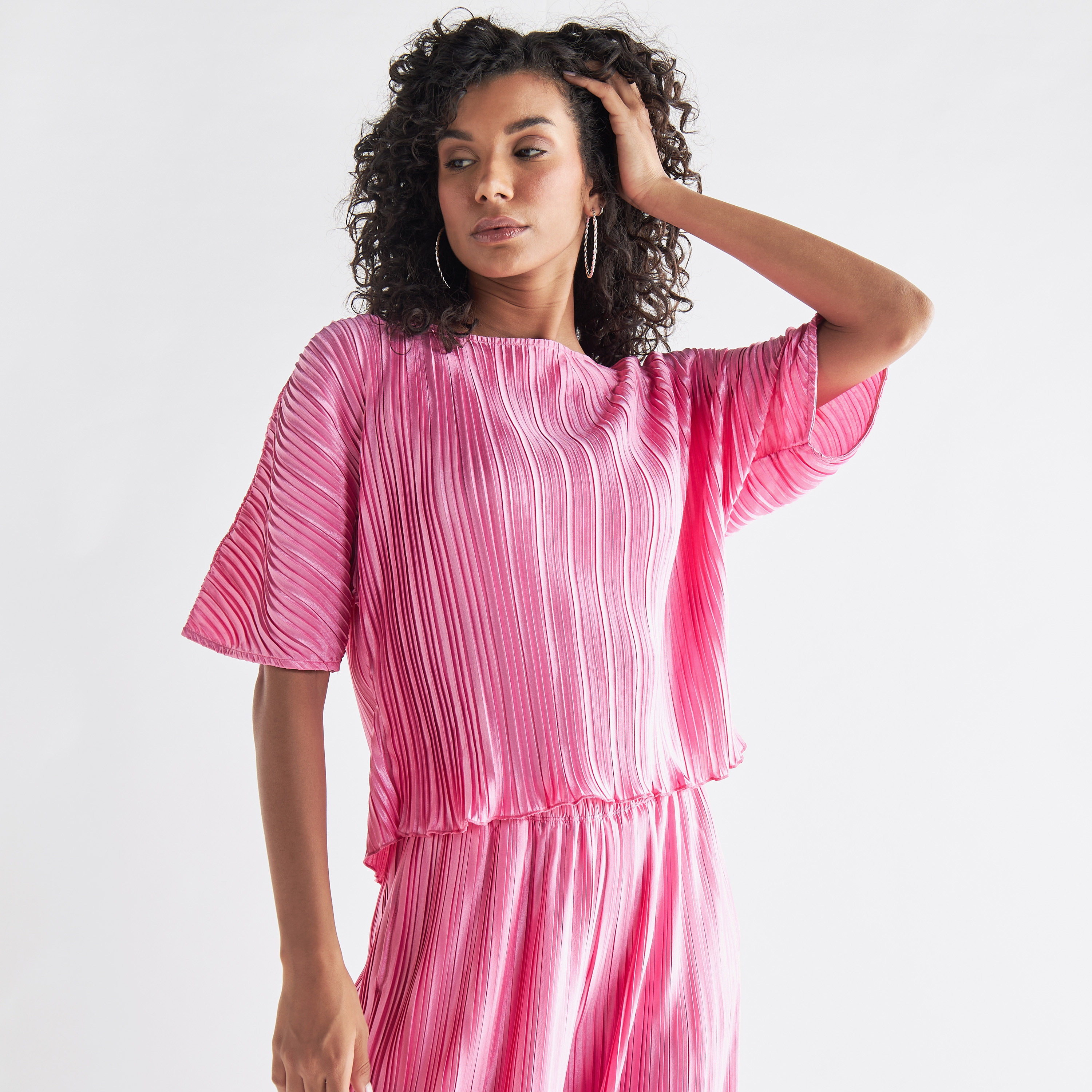 Buy Pleated Top with Short Sleeves and Round Neck Online | Centrepoint ...