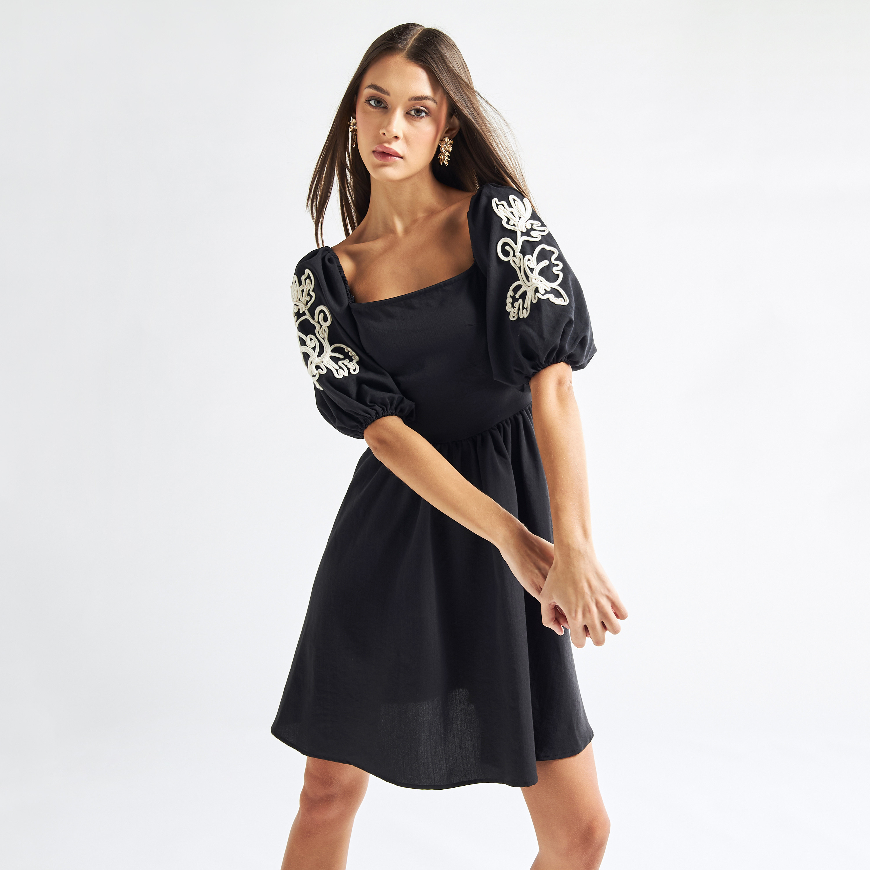 Buy Embroidered Mini A line Dress with Square Neck and Balloon Sleeves Splash UAE