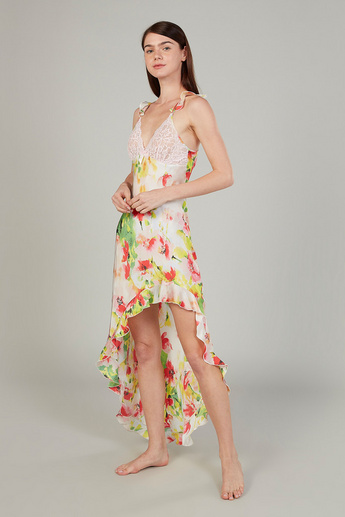 Printed Sleeveless Sleep Dress with V-neck and Lace Detail
