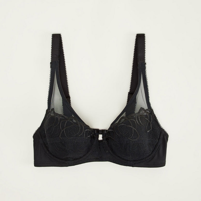 Lace Detailed Padded Plunge Bra with Hook and Eye Closure-Bras-image-0