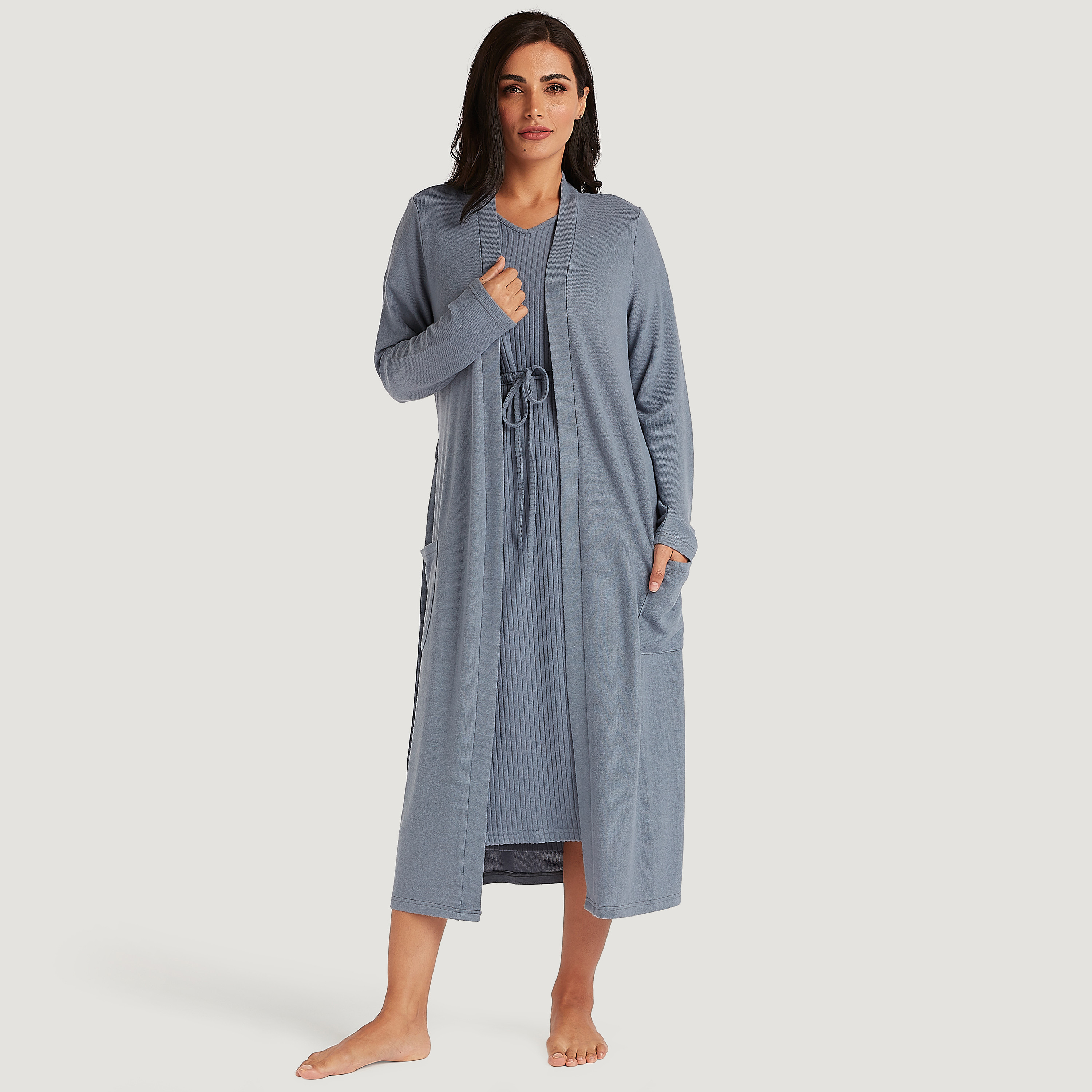 Shop Solid Shawl Neckline Robe with Belt and Long Sleeves Online ...