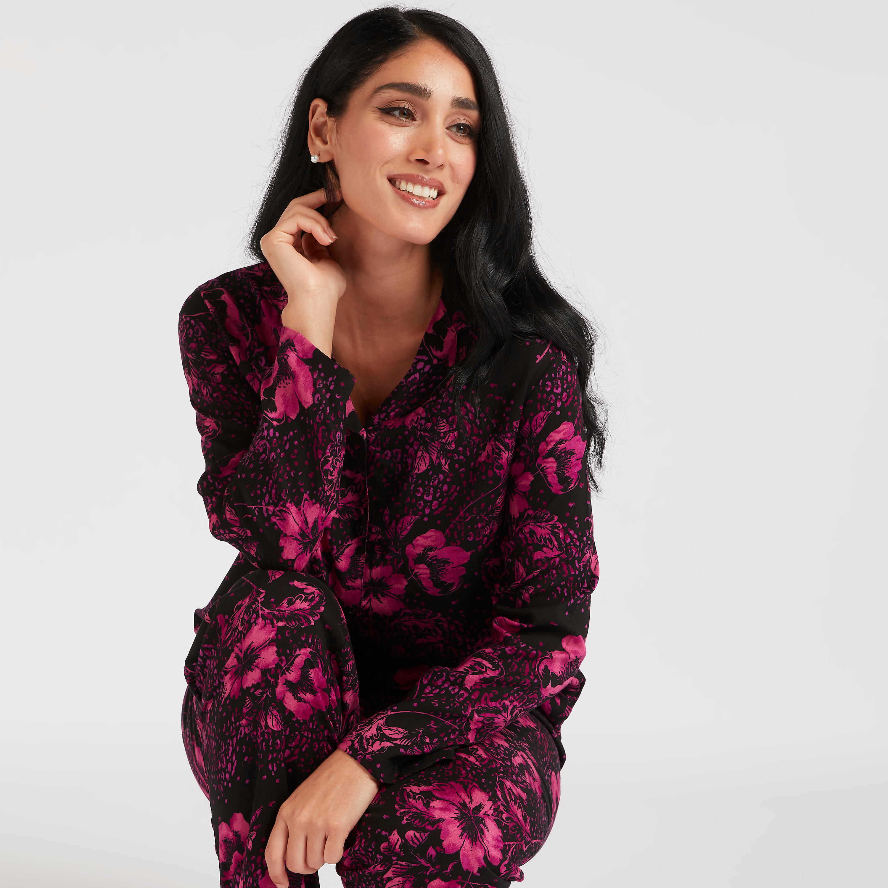 طقم بنطلون بيجاما وقميص بطبعات أزهار-women-clothing-nightwear-pyjamas-longsets-image-1