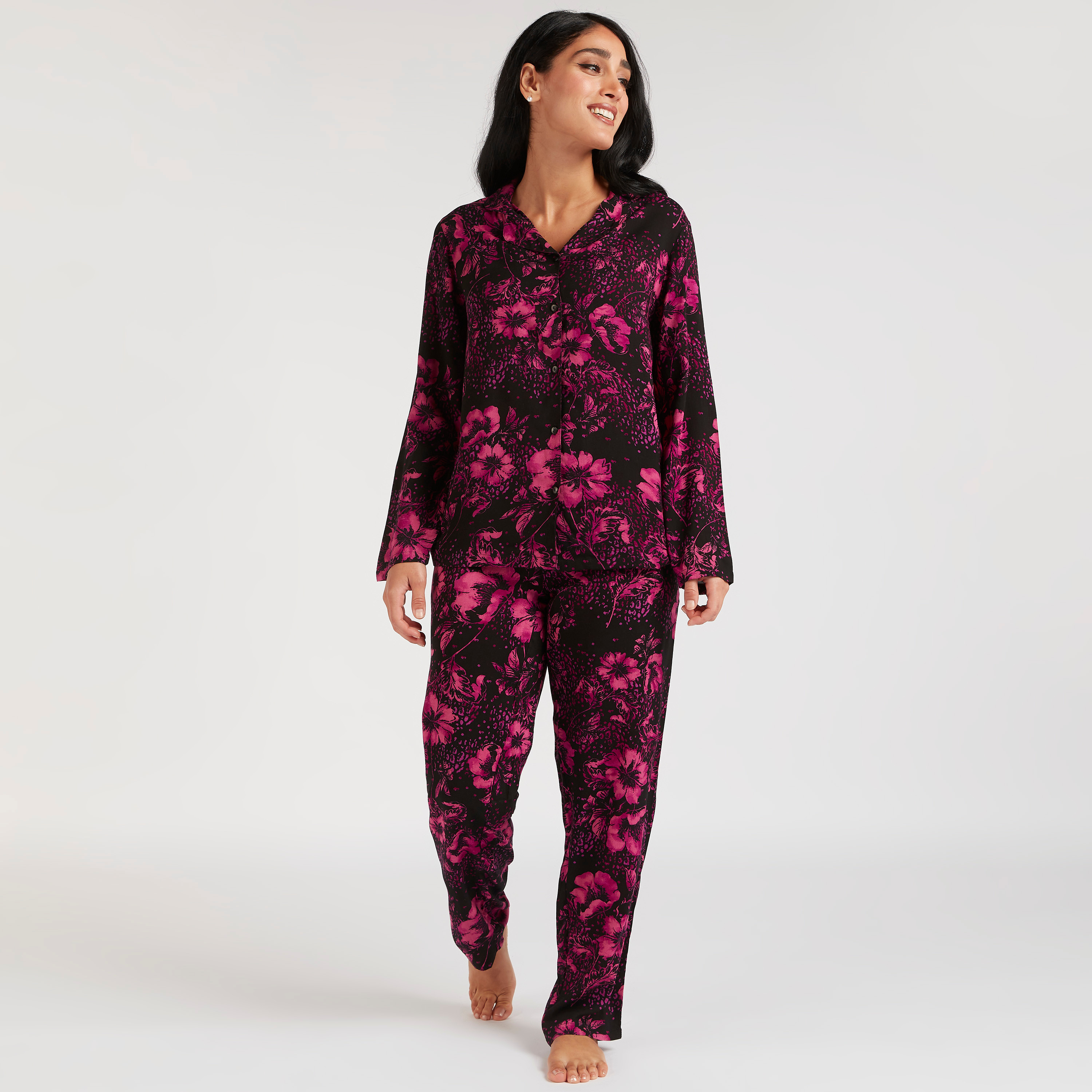 طقم بنطلون بيجاما وقميص بطبعات أزهار-women-clothing-nightwear-pyjamas-longsets-image-2