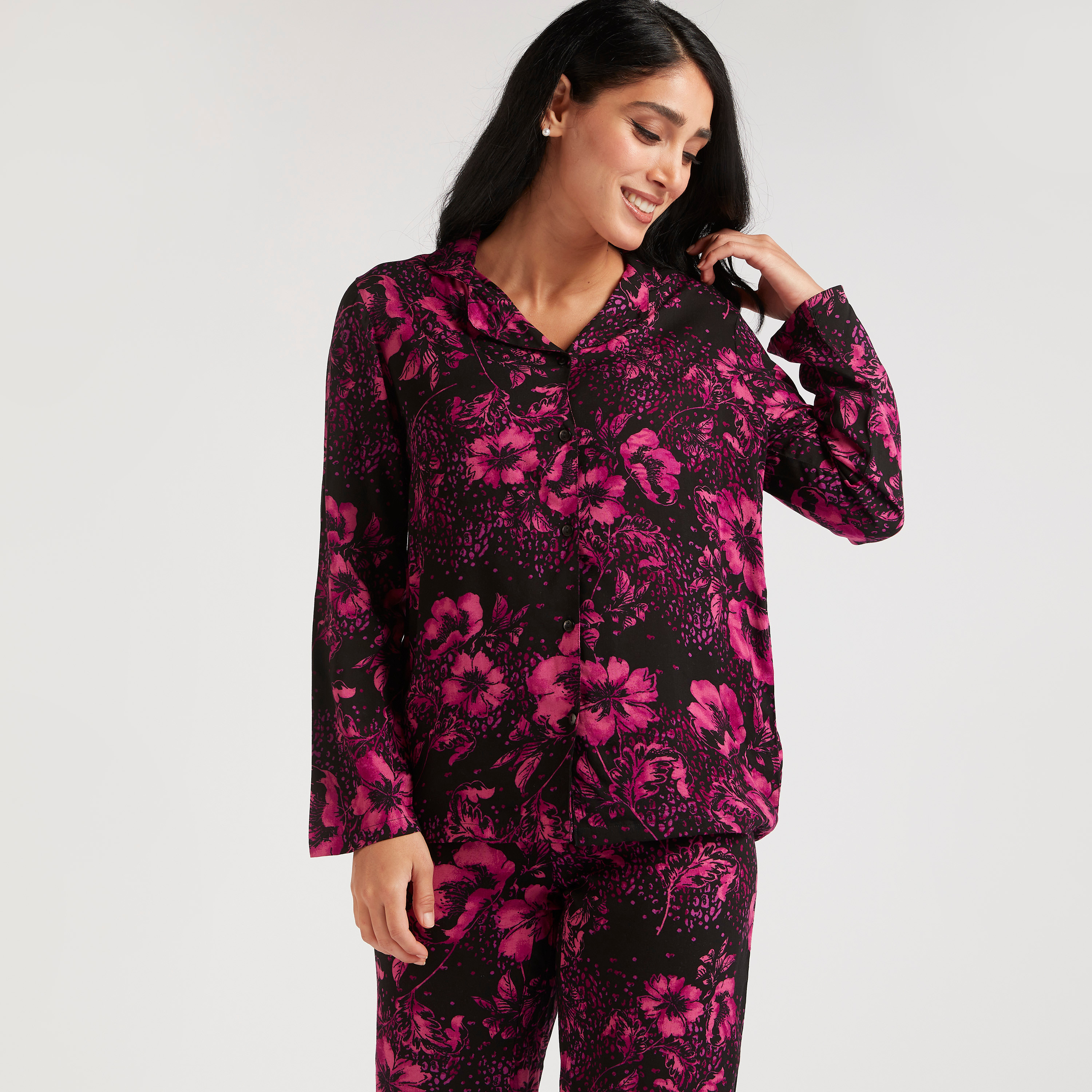 طقم بنطلون بيجاما وقميص بطبعات أزهار-women-clothing-nightwear-pyjamas-longsets-image-3