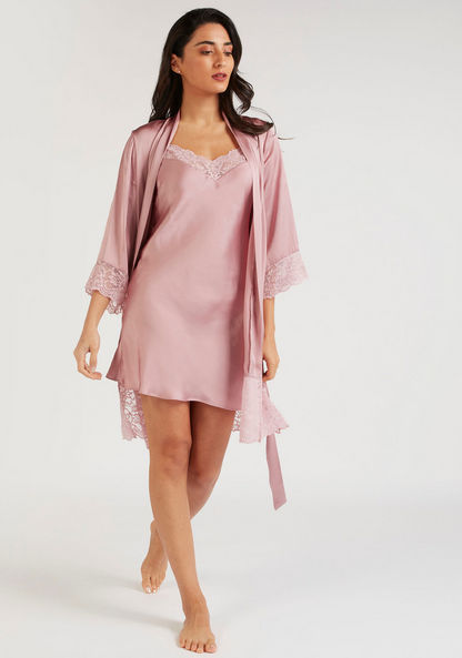 Lace Detailed Night Robe with Tie-Up Belt