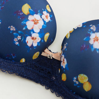 Floral Print Padded Plunge Bra with Lace Detail