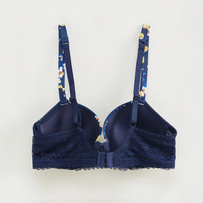 Floral Print Padded Plunge Bra with Lace Detail