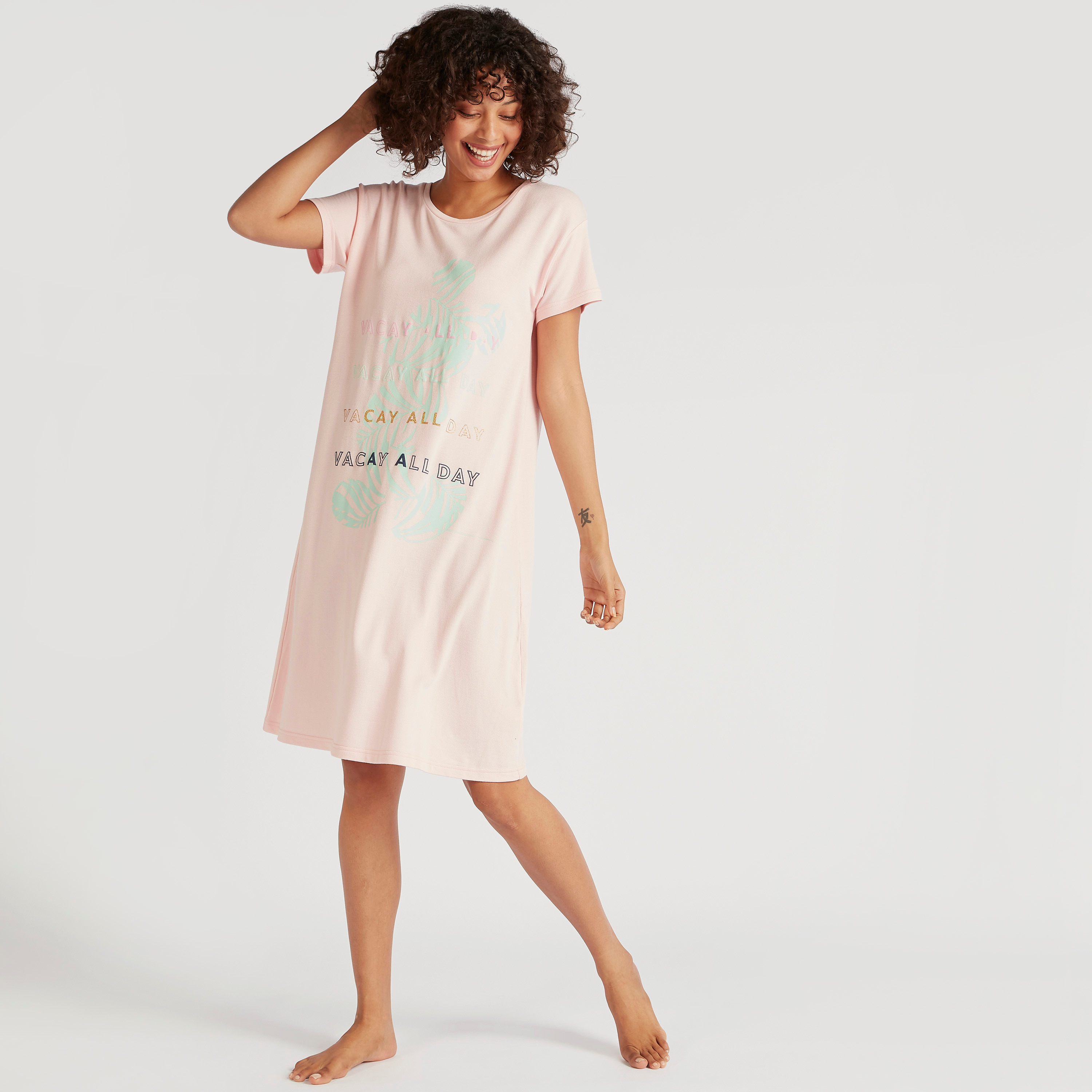 Printed Round Neck Sleepshirt with Short Sleeves-women-clothing-nightwear-nighties-image-1