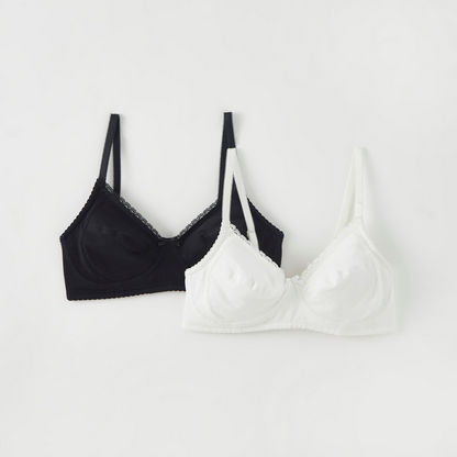 Set of 2 - Solid Non-Padded Basic Bra with Lace Detail