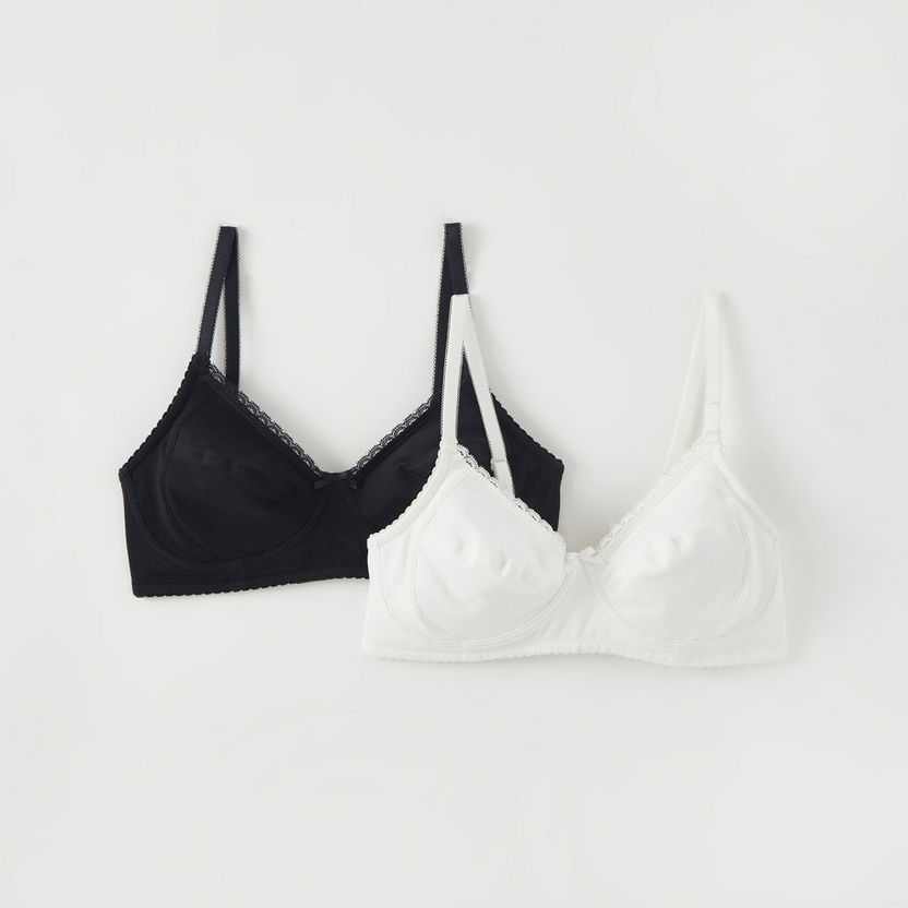 Set of 2 - Solid Non-Padded Basic Bra with Lace Detail-Bras-image-0