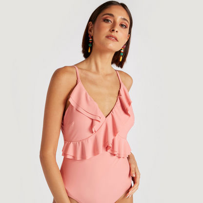  Solid Swimsuit with Ruffle Detail