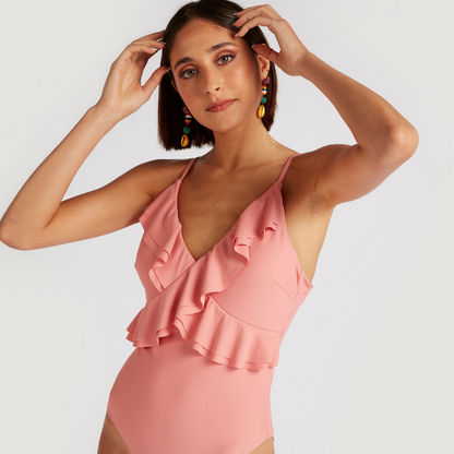 Solid Swimsuit with Ruffle Detail