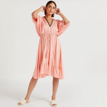 Embellished V-neck Coverup Dress with Tie-Up Accent and 3/4 Sleeves