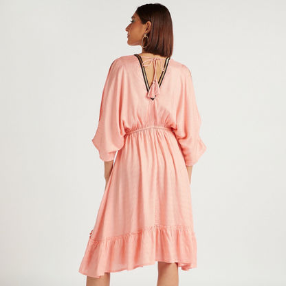 Embellished V-neck Coverup Dress with Tie-Up Accent and 3/4 Sleeves