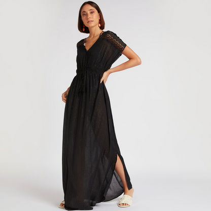 Beachwear Solid V-neck Maxi Dress with Lace Detail and Tie-Ups